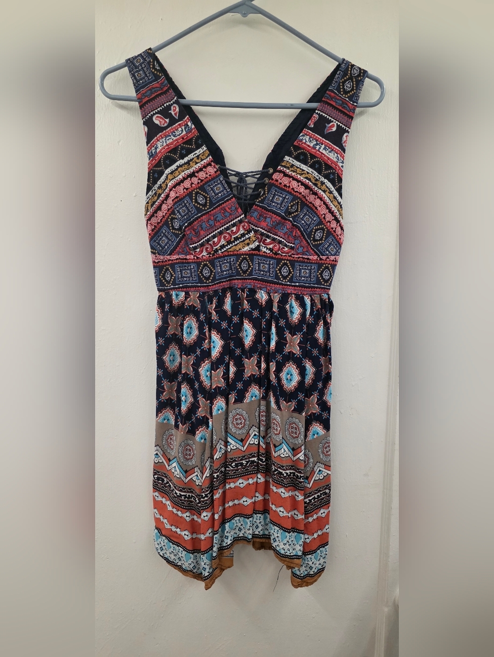 PPLA Boho Tribal Print Lace-Up Back Dress Womens Small Festival Summer Flowy